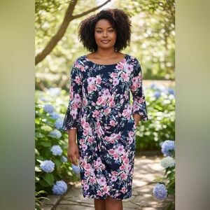 Connected Apparel Navy Dress with Pink and White Floral Design